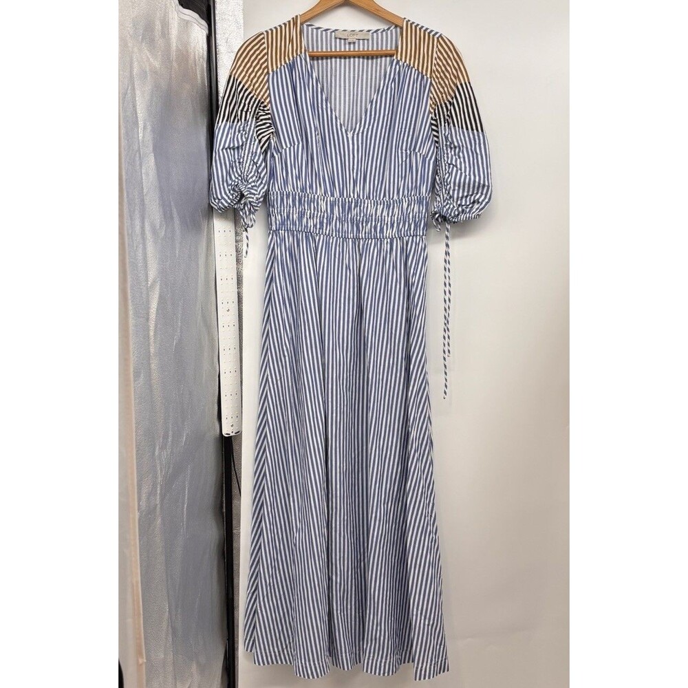 LOFT Blue White Striped Maxi Dress Smocked Waist Puff Sleeve Boho Size S - Picture 2 of 6